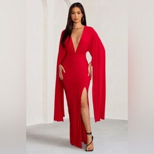 NWT CLUB L LONDON Red Plunge Neck Maxi Dress with Cape Sleeves and Thigh Split